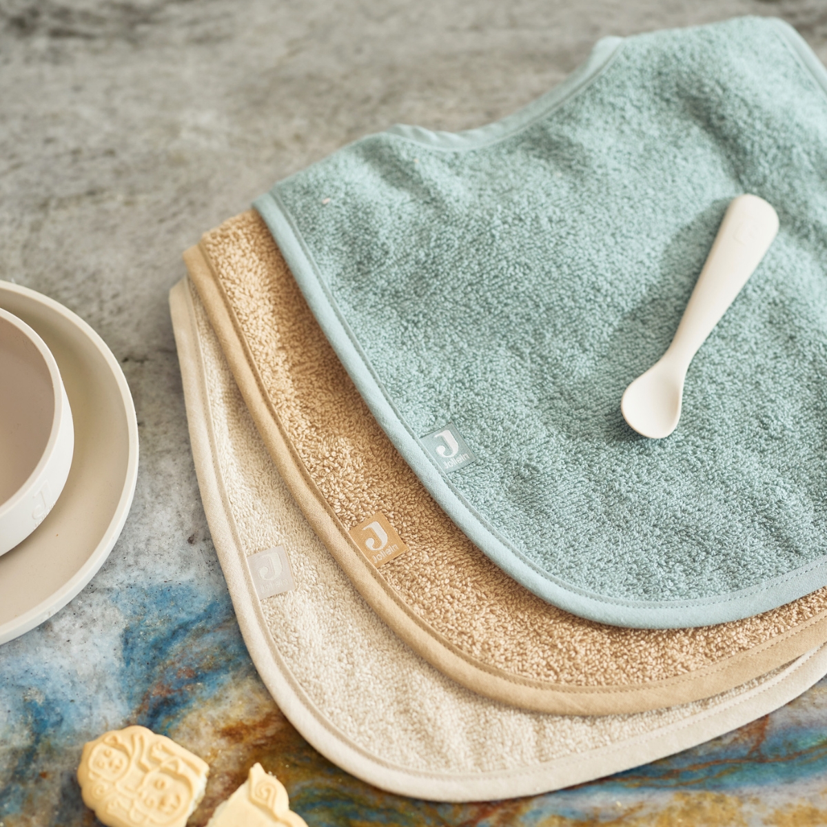 Lot de 3 bavoirs en éponge Sea Green-Nougat-Biscuit (Jollein) - Image 2