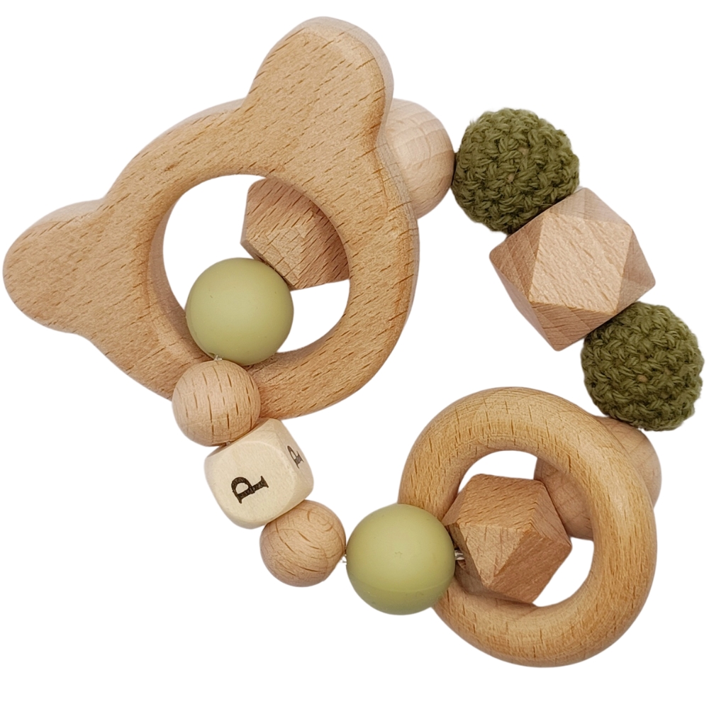 Tata Lucette - Anneau de dentition en bois ours olive et kaki (personnalisable)