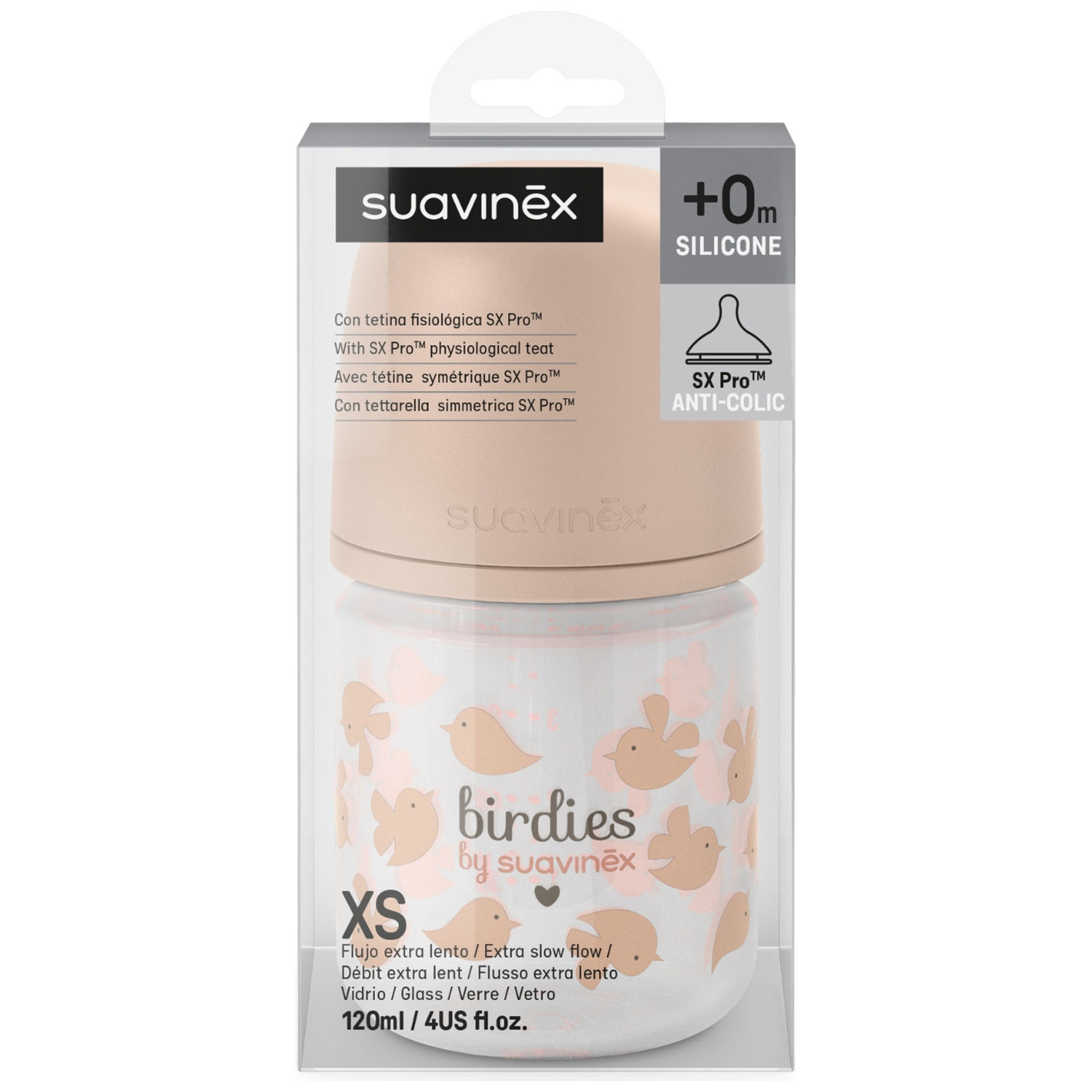 Biberon en verre tétine SXPro Xs Birdies Rose (120Ml) (Suavinex) - Image 4