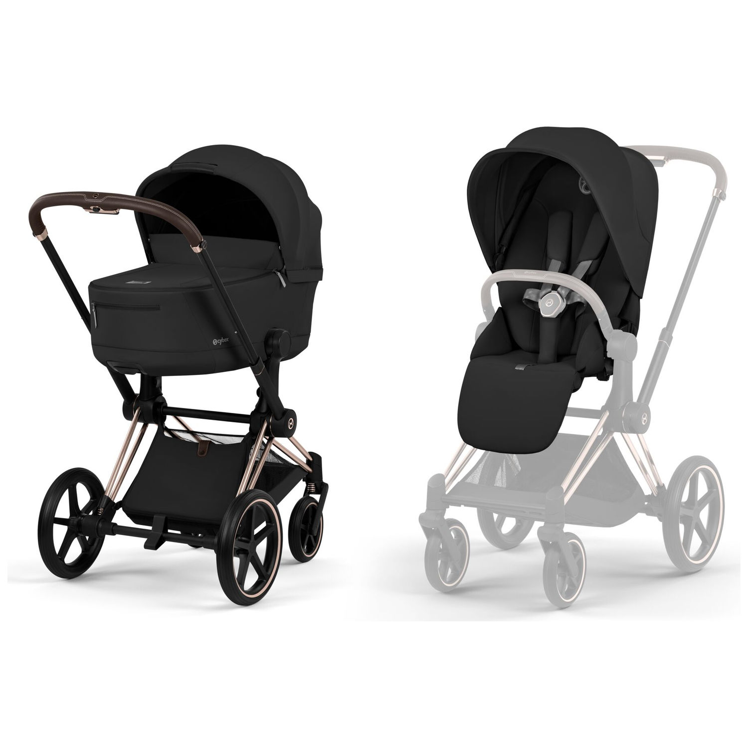 Duo PRIAM 2026 Poussette tout-terrain avec nacelle pliable et Châssis Rose Gold Sepia Black