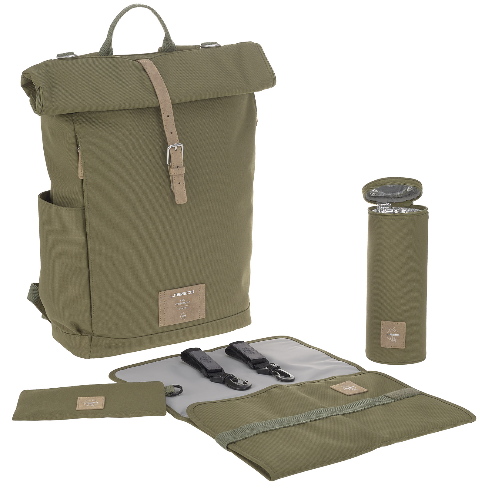 Sac à dos à langer en polyester recyclé Green label Rolltop olive (Lassig) - Image 1