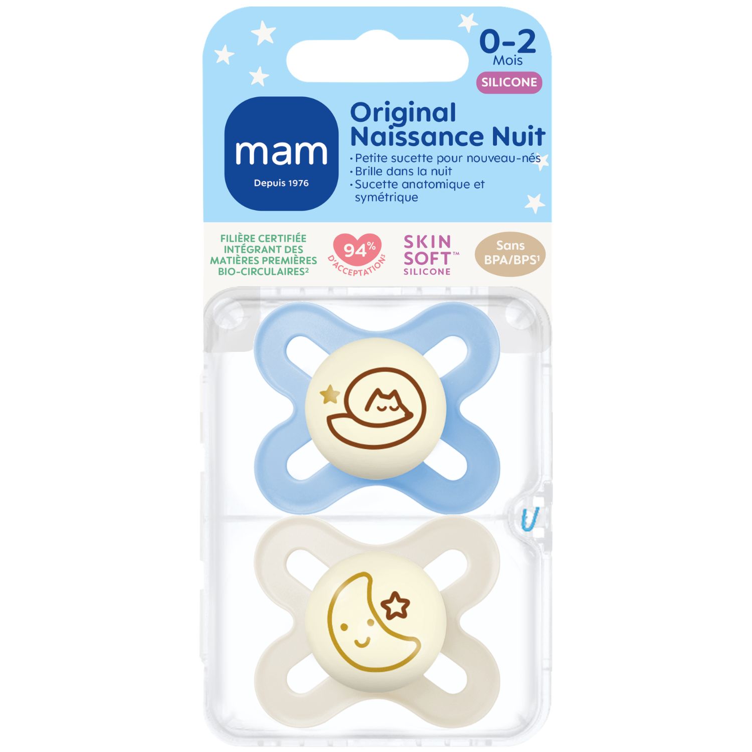 Lot de 2 sucettes Original Naissance Nuit en silicone (0-2 mois) (Mam) - Image 1