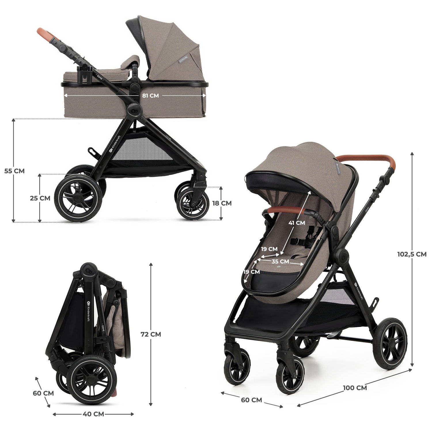Poussette Esme Pro 3 en 1 Sand Beige (Kinderkraft) - Image 9