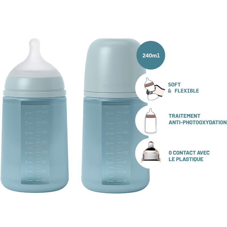 Biberon silicone débit moyen colour essence bleu (240 ml) (Suavinex) - Image 2