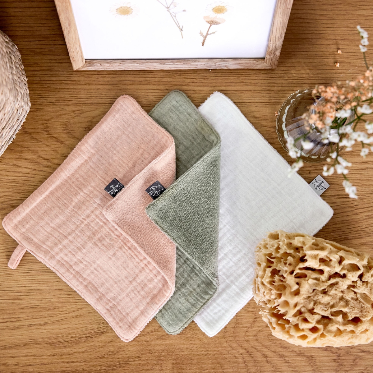 Lot de 3 débarbouillettes blanc cassé-rose poudré-olive (Lassig) - Image 1