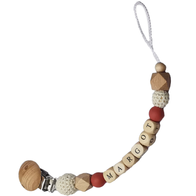 Tata Lucette - Attache sucette en bois brique et blanc (personnalisable)