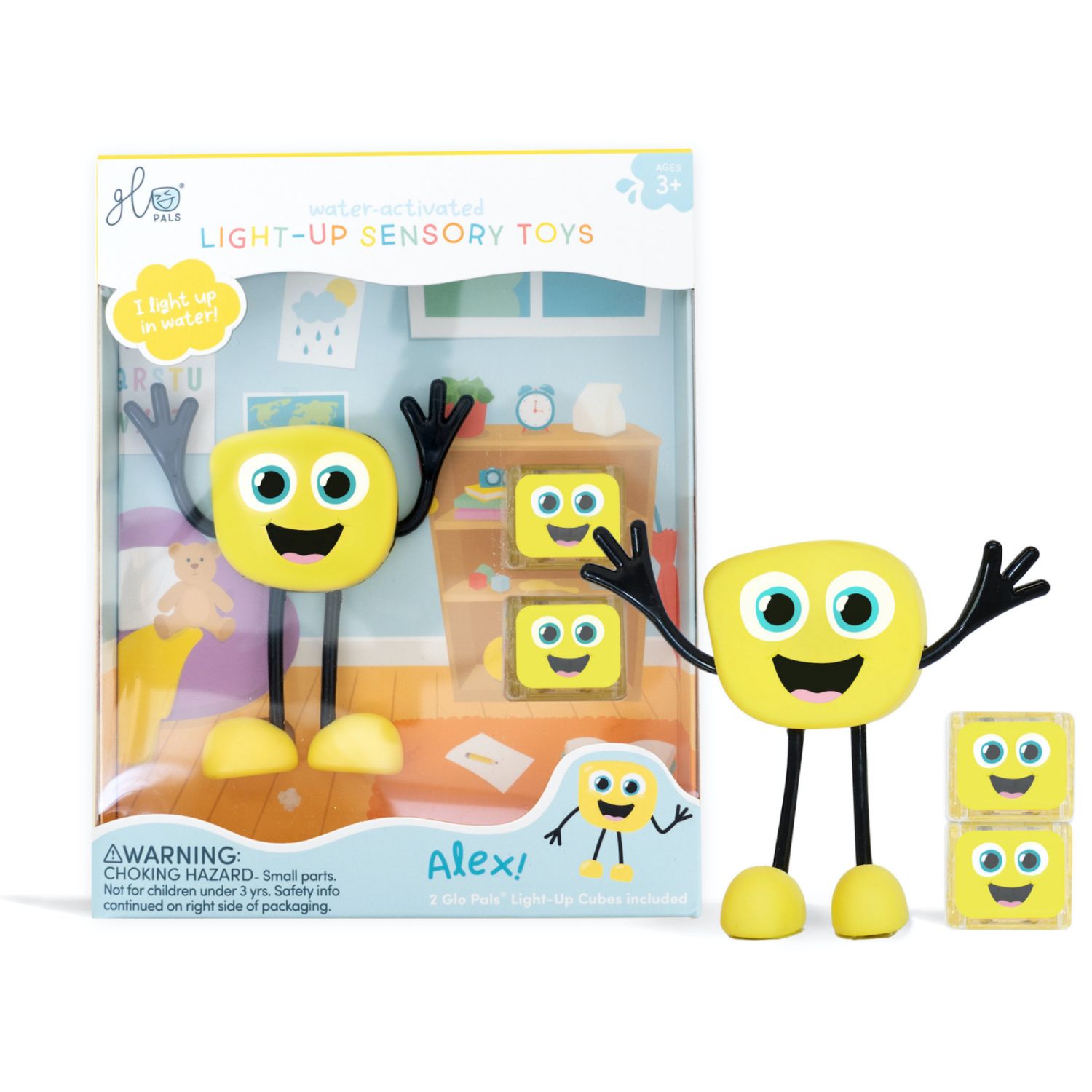 Glo Pals - Personnage Alex jaune et 2 cubes lumineux