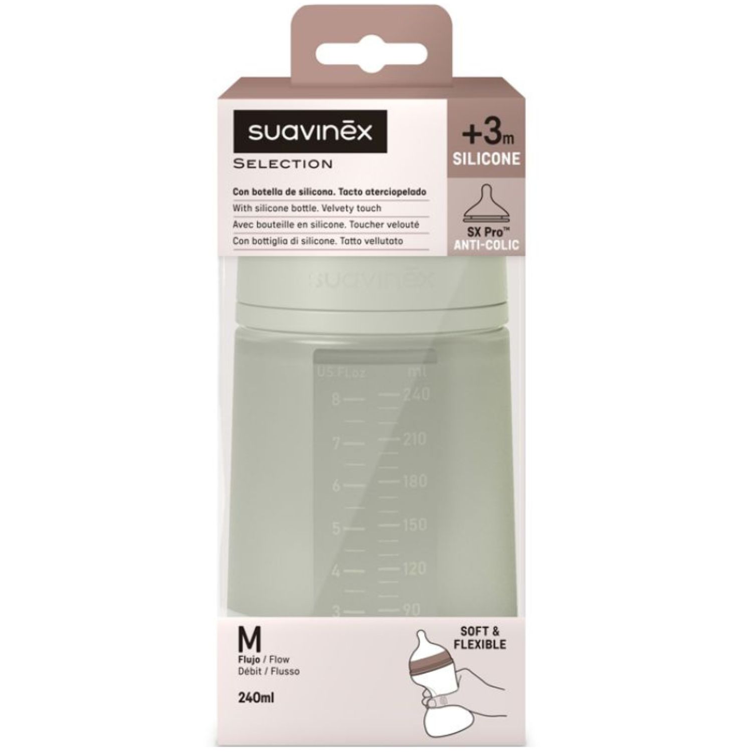 Biberon silicone débit moyen colour essence vert (240 ml) (Suavinex) - Image 1