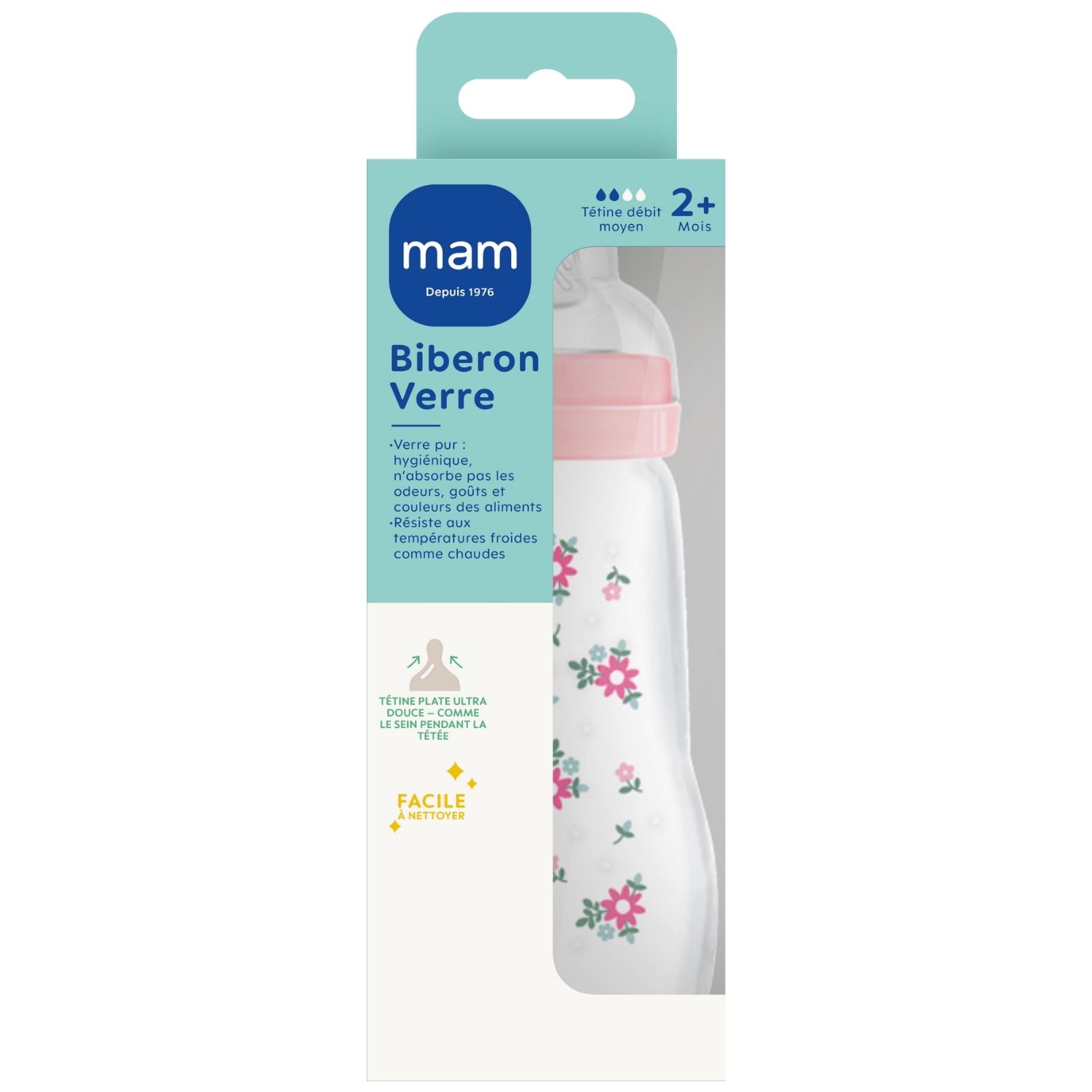 Biberon Verre 260 ml Blush - Tétine débit 2 (Mam) - Image 1