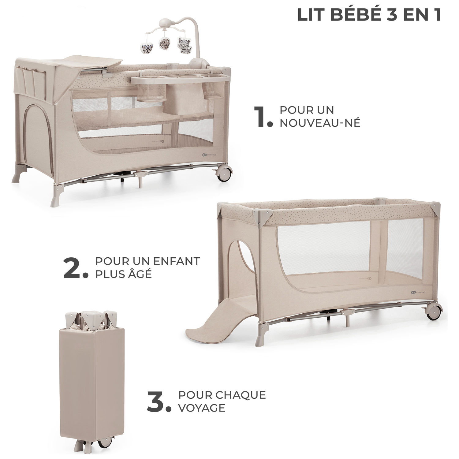 Kinderkraft - Lit parapluie 3 en 1 Joy 2 avec accessoires Beige