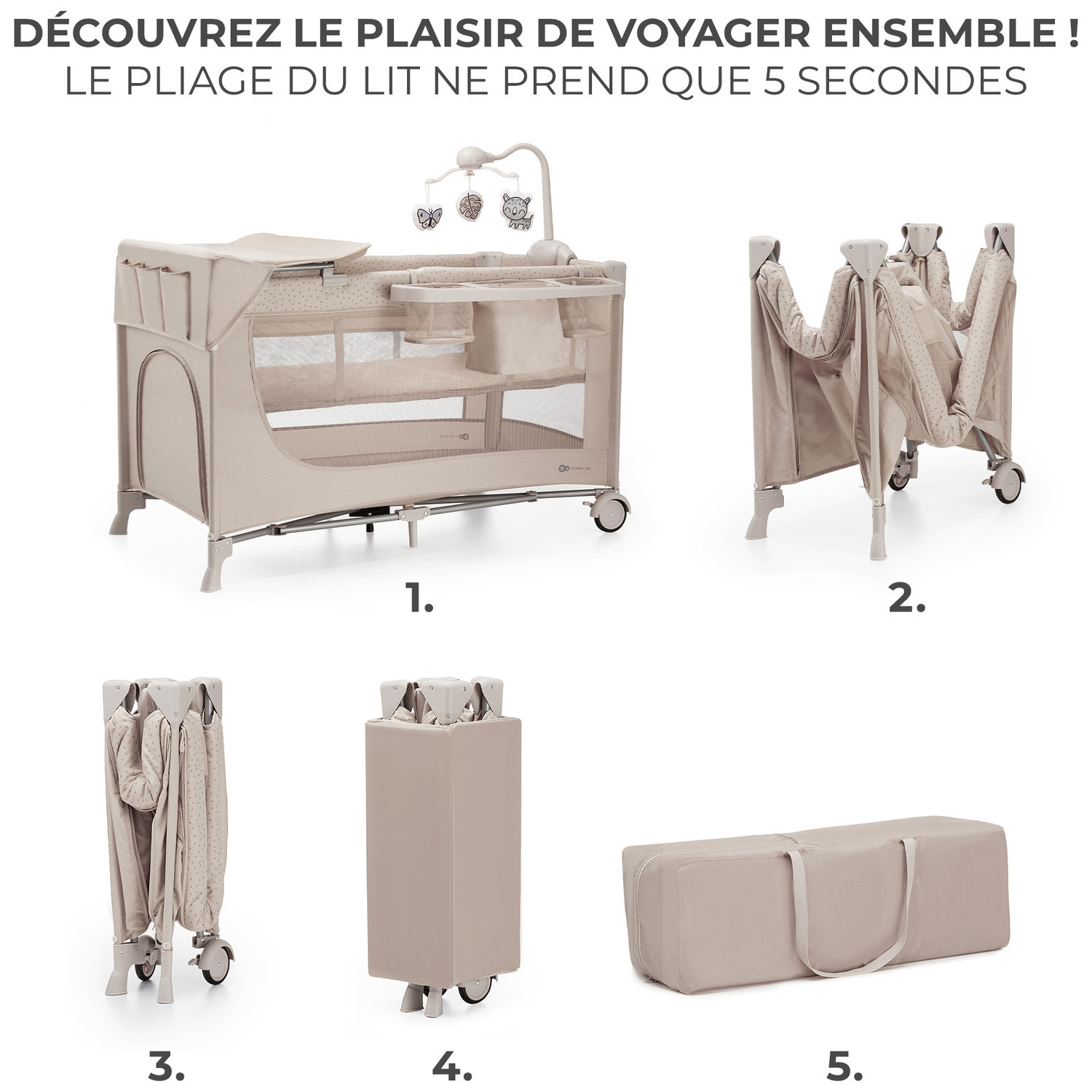 Lit parapluie 3 en 1 Joy 2 avec accessoires Beige (Kinderkraft) - Image 3