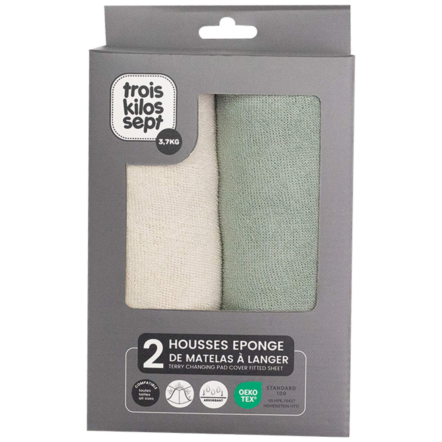 Trois Kilos Sept - Lot de 2 housses de matelas à langer Ecru-Olive (70 x 50 cm)