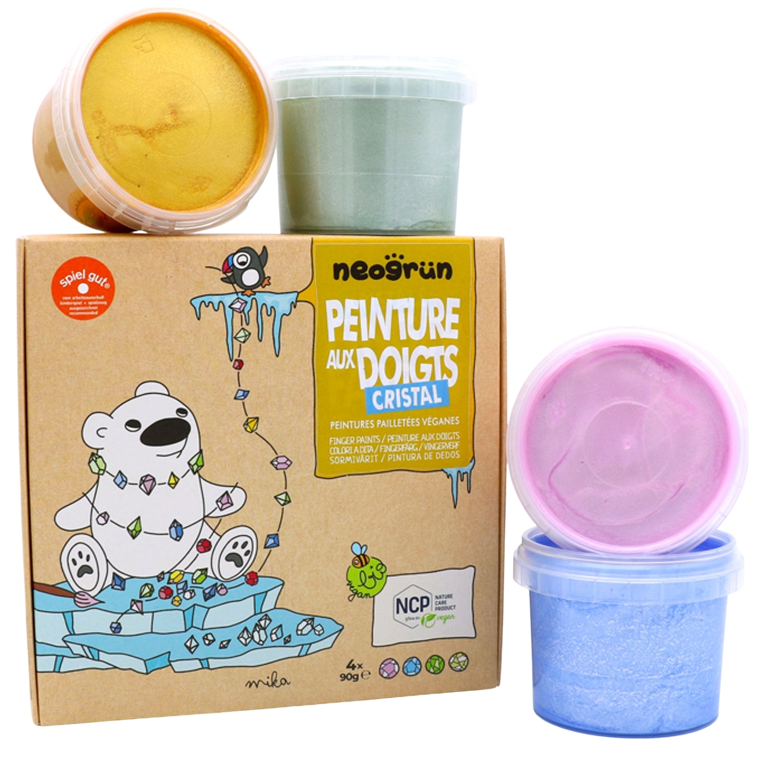 Neogrün - Coffret Mika peinture aux doigts naturelle et vegan Cristal (assort. 4 pots)