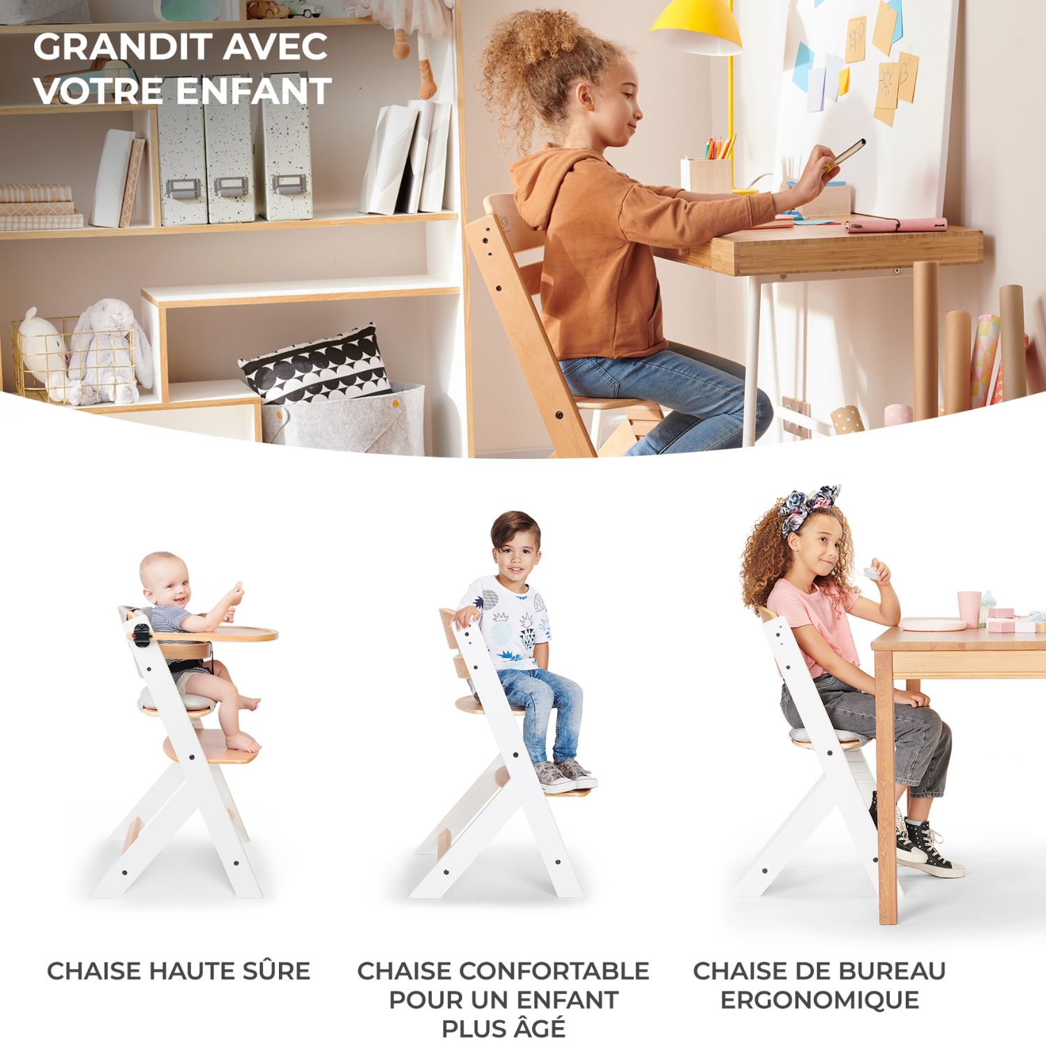 Chaise haute évolutive Enock avec coussin Natural-White (Kinderkraft) - Image 1
