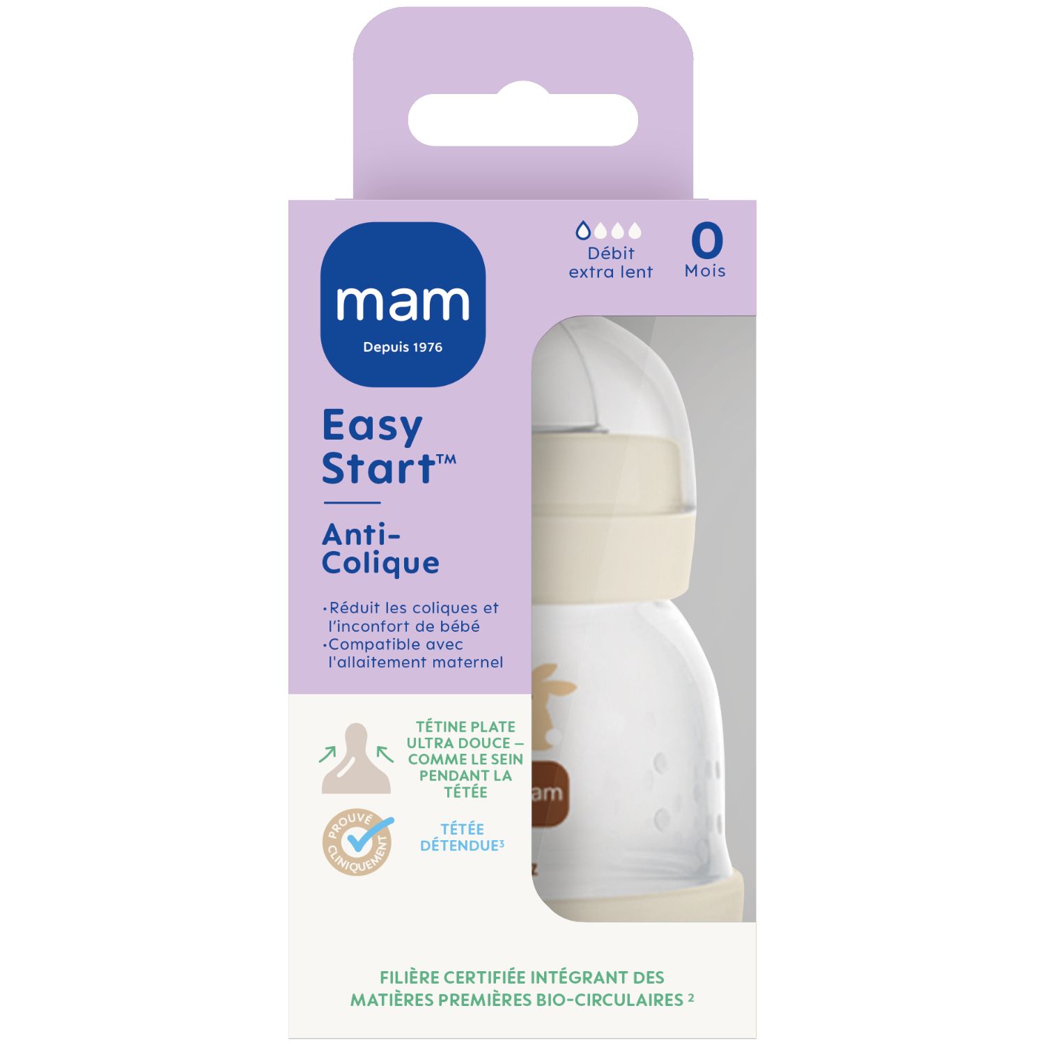 Mam - Biberon Easy Start anti-colique Sable Tétine Débit 0 (130 ml)