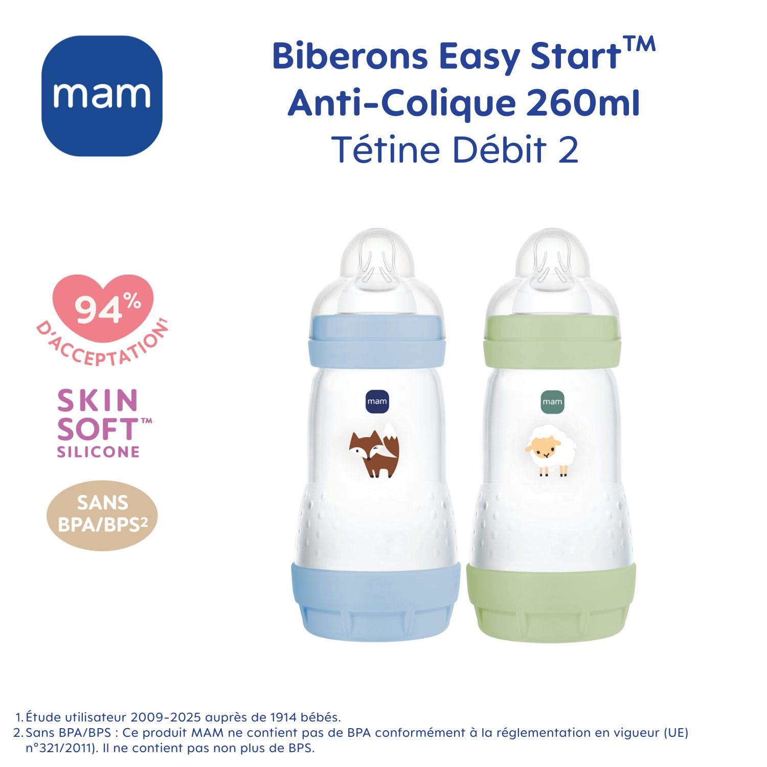 2 biberons Easy Start anti-colique 320ml Océan+Sable Tétine débit 3 (Mam) - Image 3