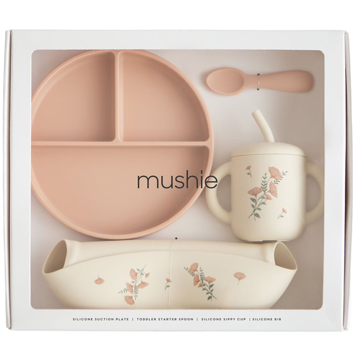 Mushie - Coffret repas en silicone Pink Flowers (4 pièces)