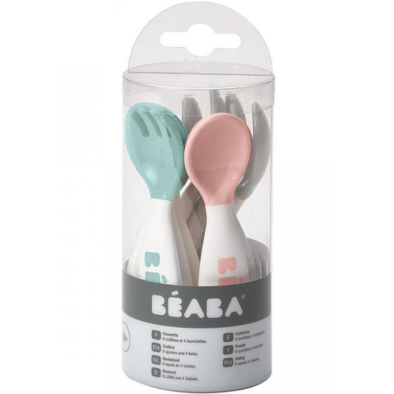 Lot de 10 couverts en silicone vert d'eau, gris et rose (Béaba) - Image 1