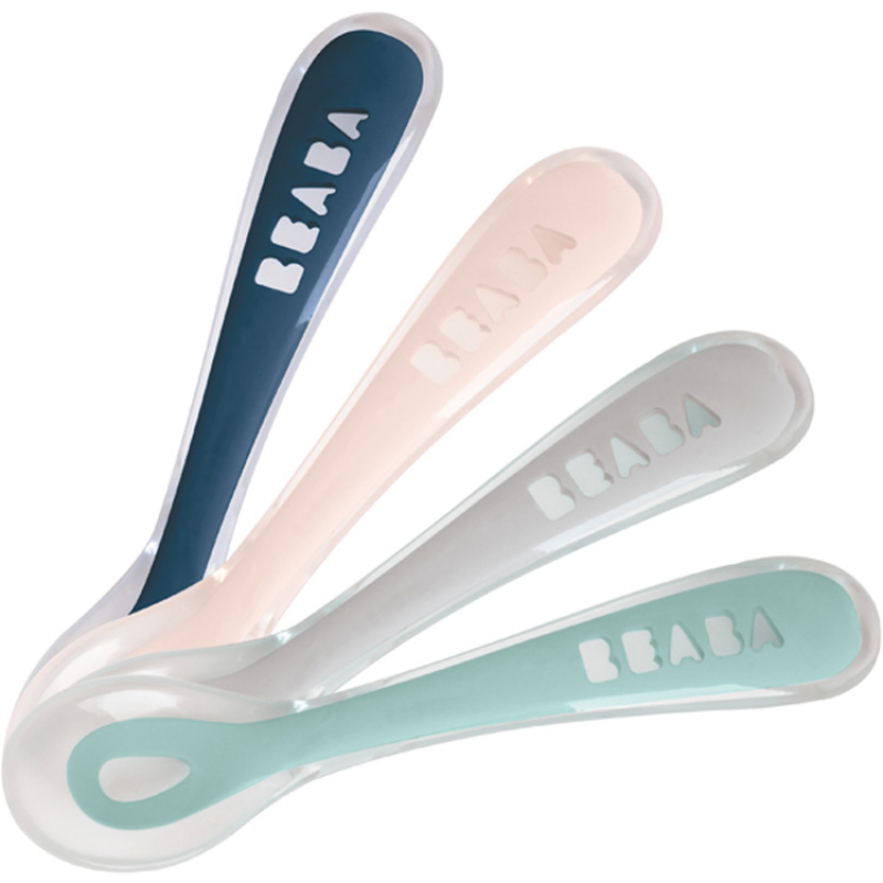 Béaba - Lot de 4 cuillères en silicone 2e âge bleu, rose et vert d'eau