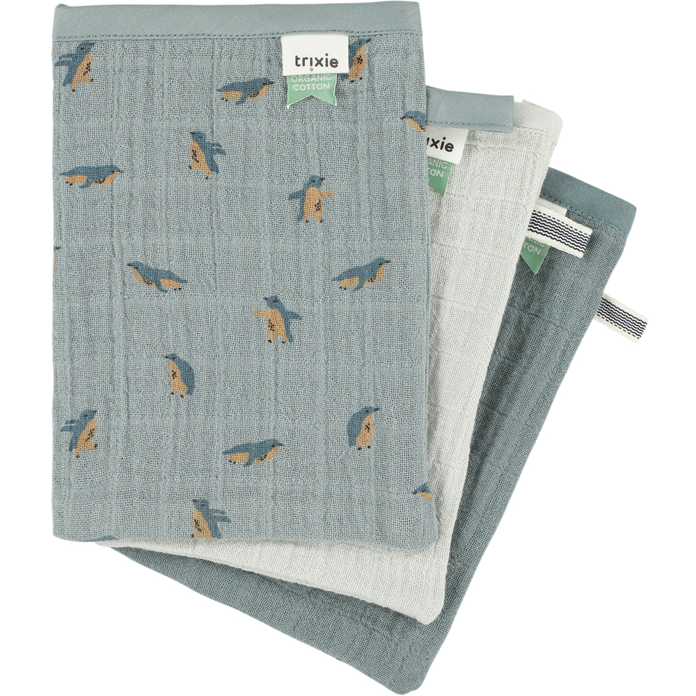Trixie - Lot de 3 gants de toilette en mousseline Peppy Penguins