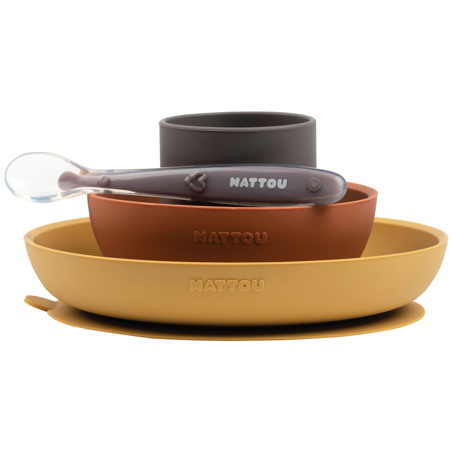 Nattou - Set de 4 pièces Vaisselle en silicone - Gris - Marron