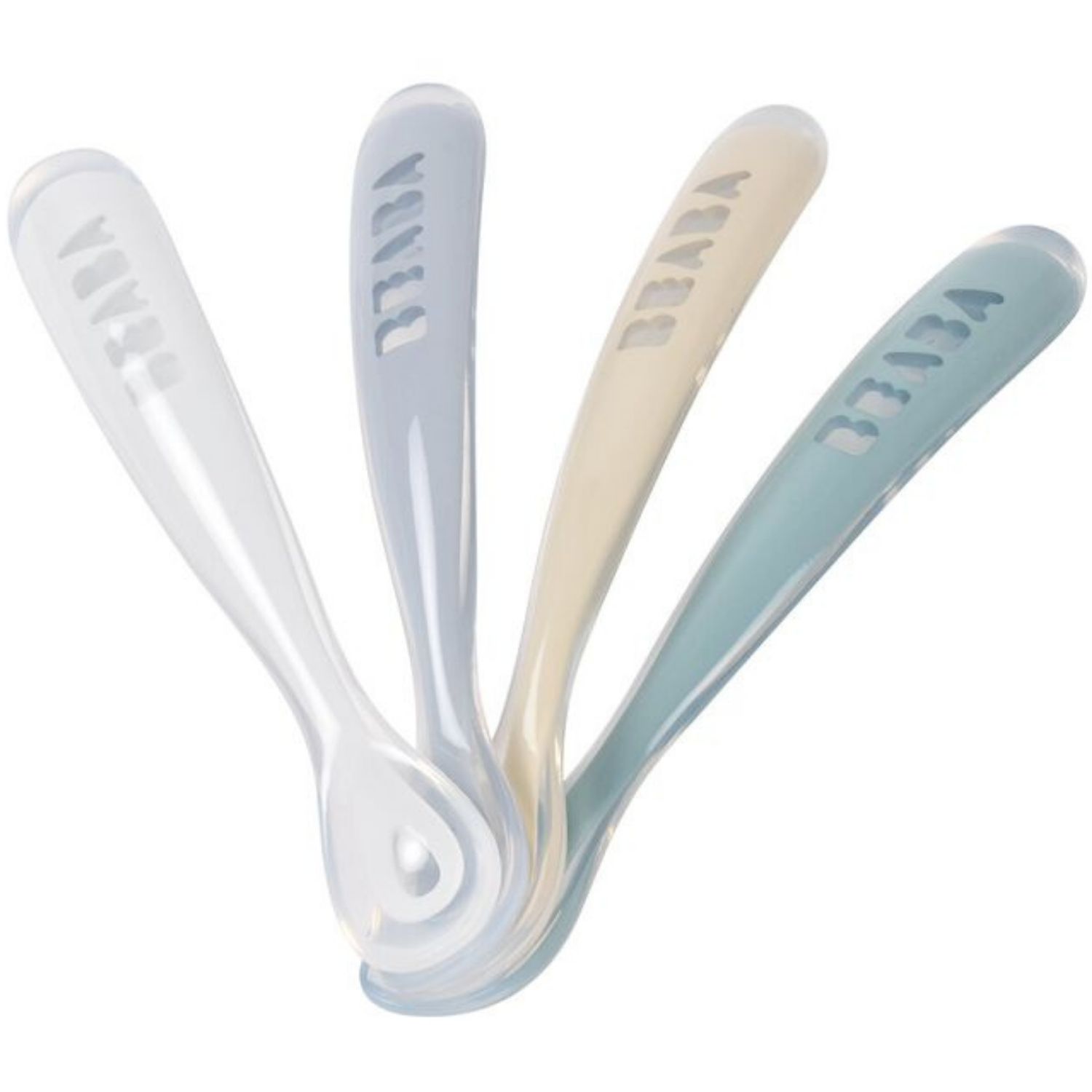 Lot de 4 cuillères silicone 1er âge Set Galet Bleu nuage Bleu baltique Argile