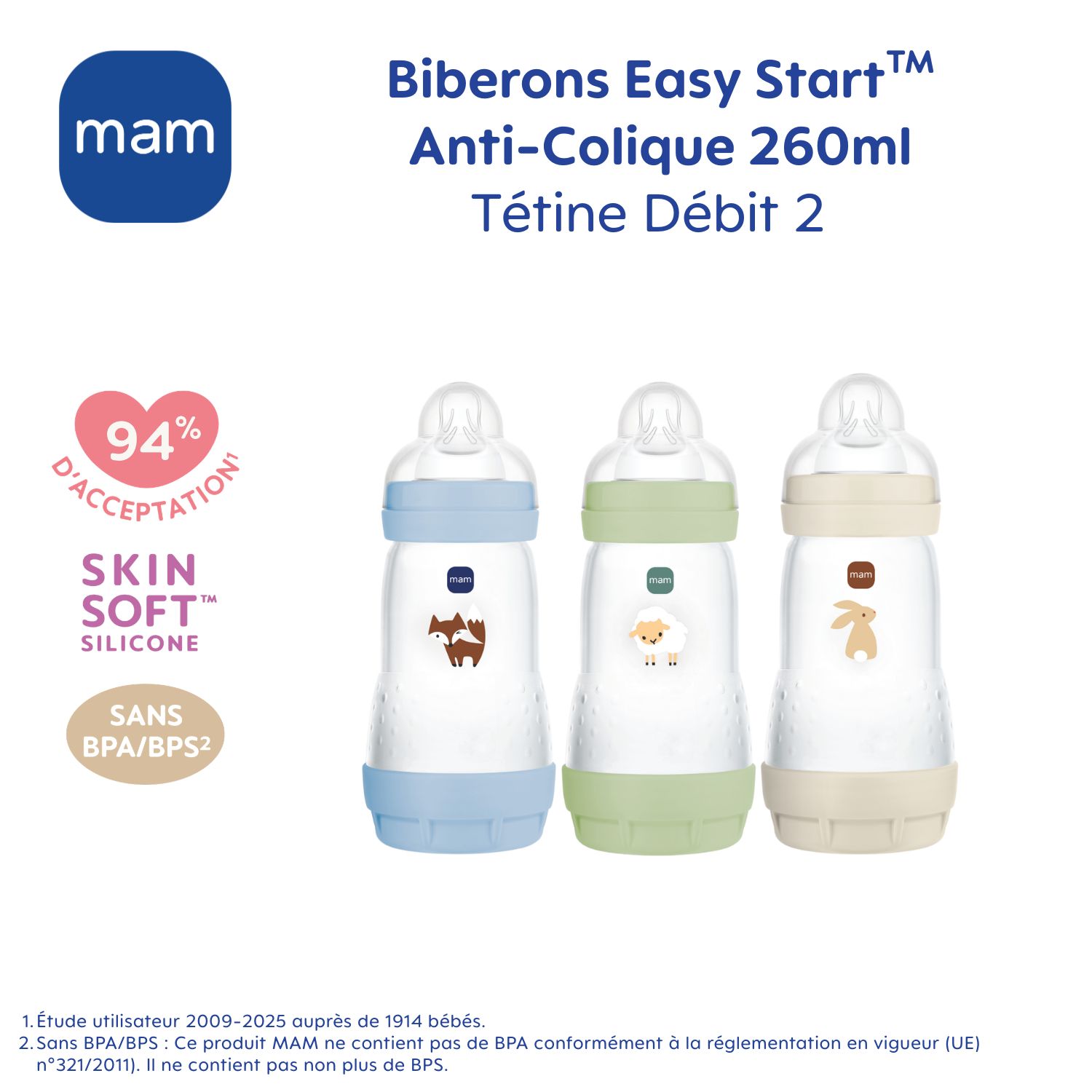 3 biberons Easy Start 260ml Océan+Océan+Sable Tétine débit 2 (Mam) - Image 6