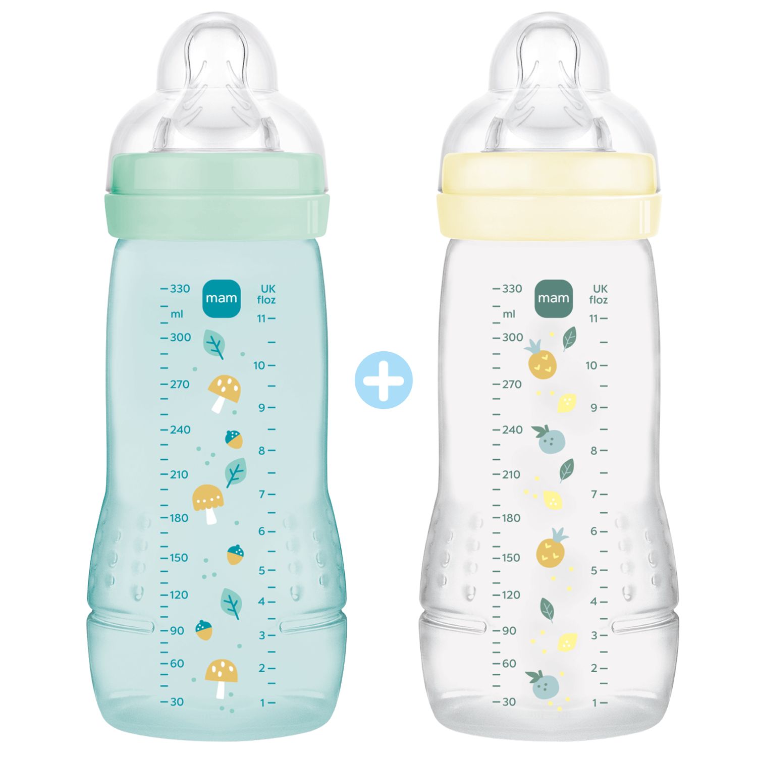 Mam - Lot de 2 biberons Easy Active 2ème âge Ice - Tétine débit X (330ml)