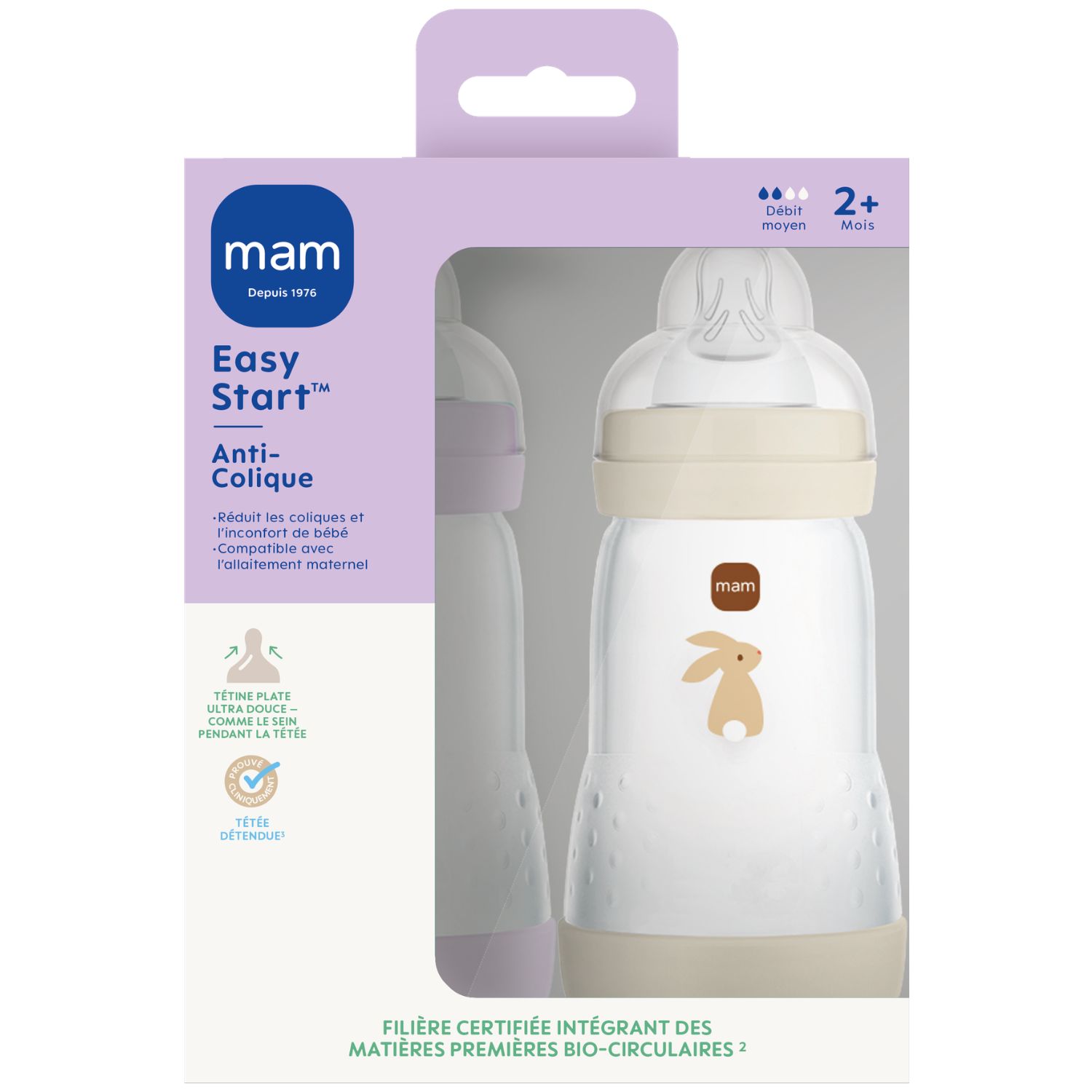 Lot de 2 biberons Easy Start anti-colique Lilas+Sable Tétine Débit 2 (260 ml) (Mam) - Image 1