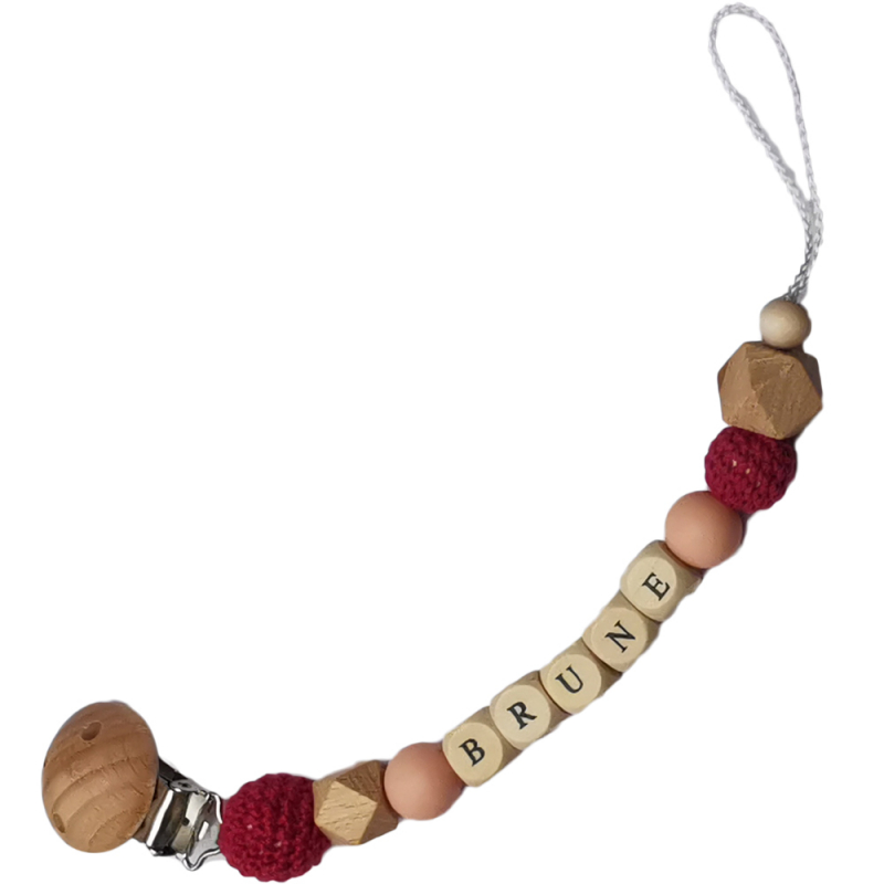 Tata Lucette - Attache sucette en bois framboise et rose pâle (personnalisable)