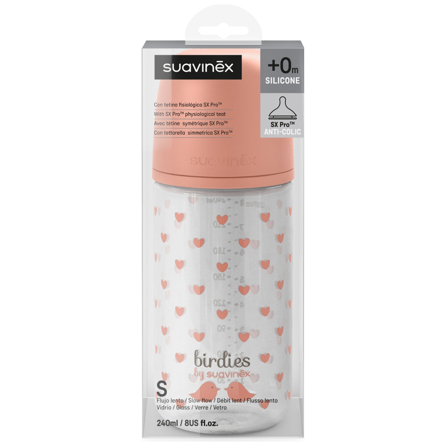 Biberon en verre tétine SXPro S Birdies Rose (240Ml) (Suavinex) - Image 3