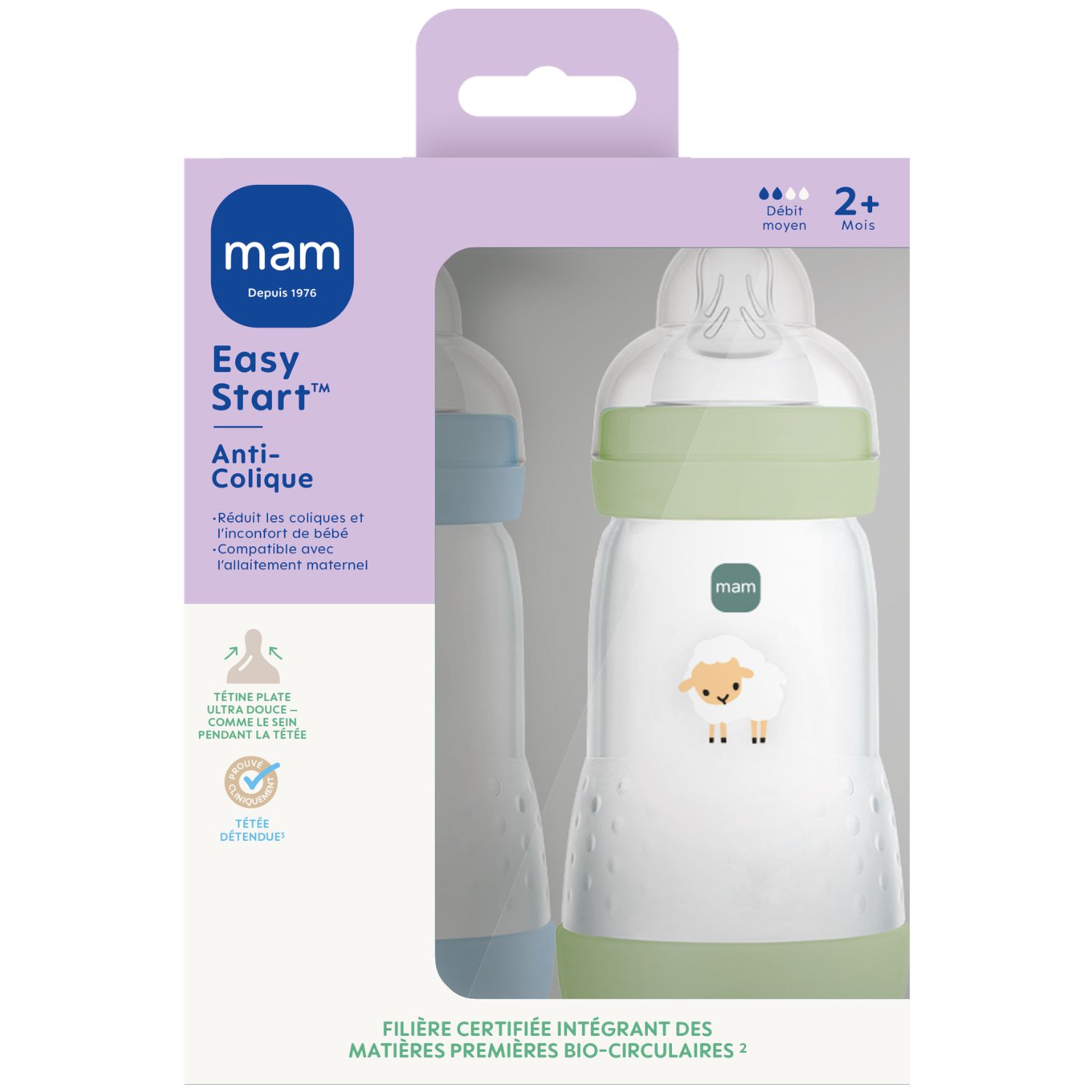 Mam - Lot de 2 biberons Easy Start anti-colique Océan+Nature Tétine Débit 2 (260 ml)