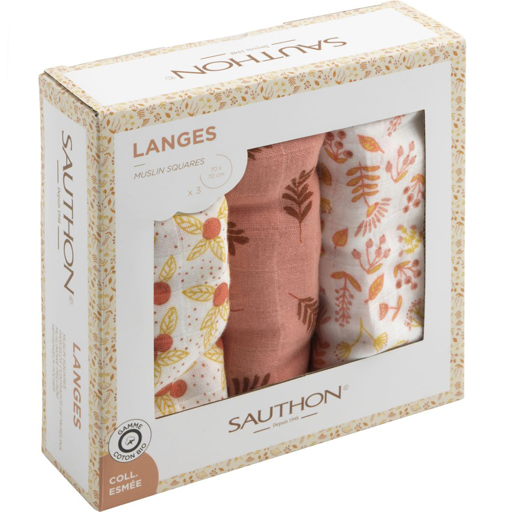 Lot de 3 langes en coton bio Esmée (70 x 70 cm) (Sauthon) - Image 5