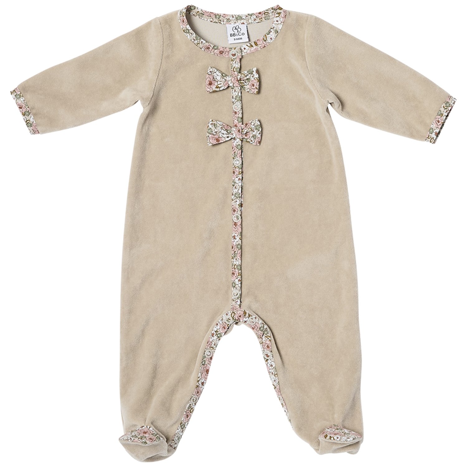 Pyjama hiver en velours beige et nœuds liberty (1 mois) (Bb&Co) - Image 1