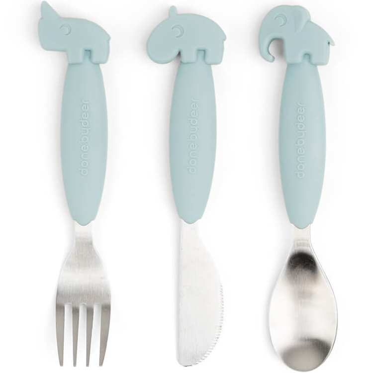 Done by deer - Set de 3 couverts Easy-grip Deer friends Bleu