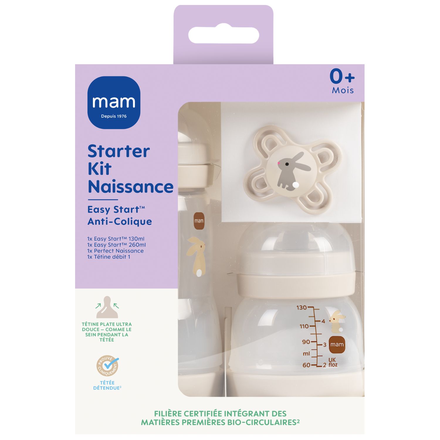 Mam - Starter Kit Naissance Sable (2 Biberons + 1 Sucette + 1 Tétine Débit 1)