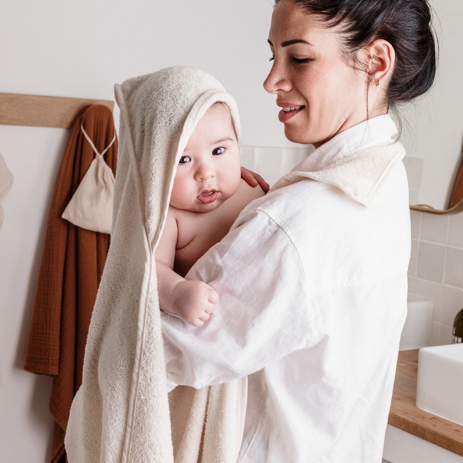 Candide - Cape de bain tablier XXL parent et bébé écru