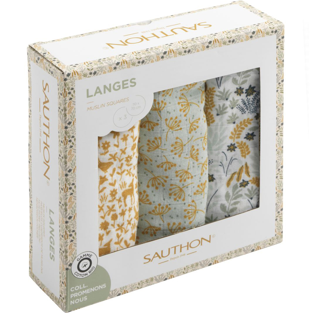 Lot de 3 langes en coton bio Promenons nous (70 x 70 cm) (Sauthon) - Image 4