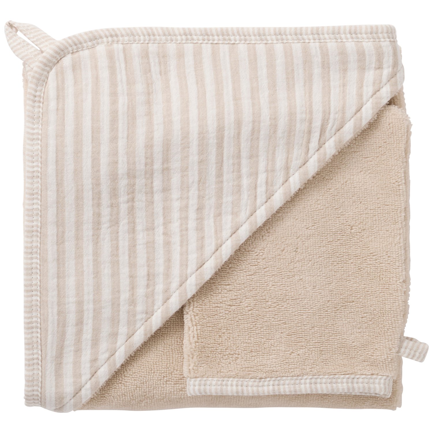 Cape de bain + gant éponge bambou et gaze rayé galet (Bb&Co) - Image 1