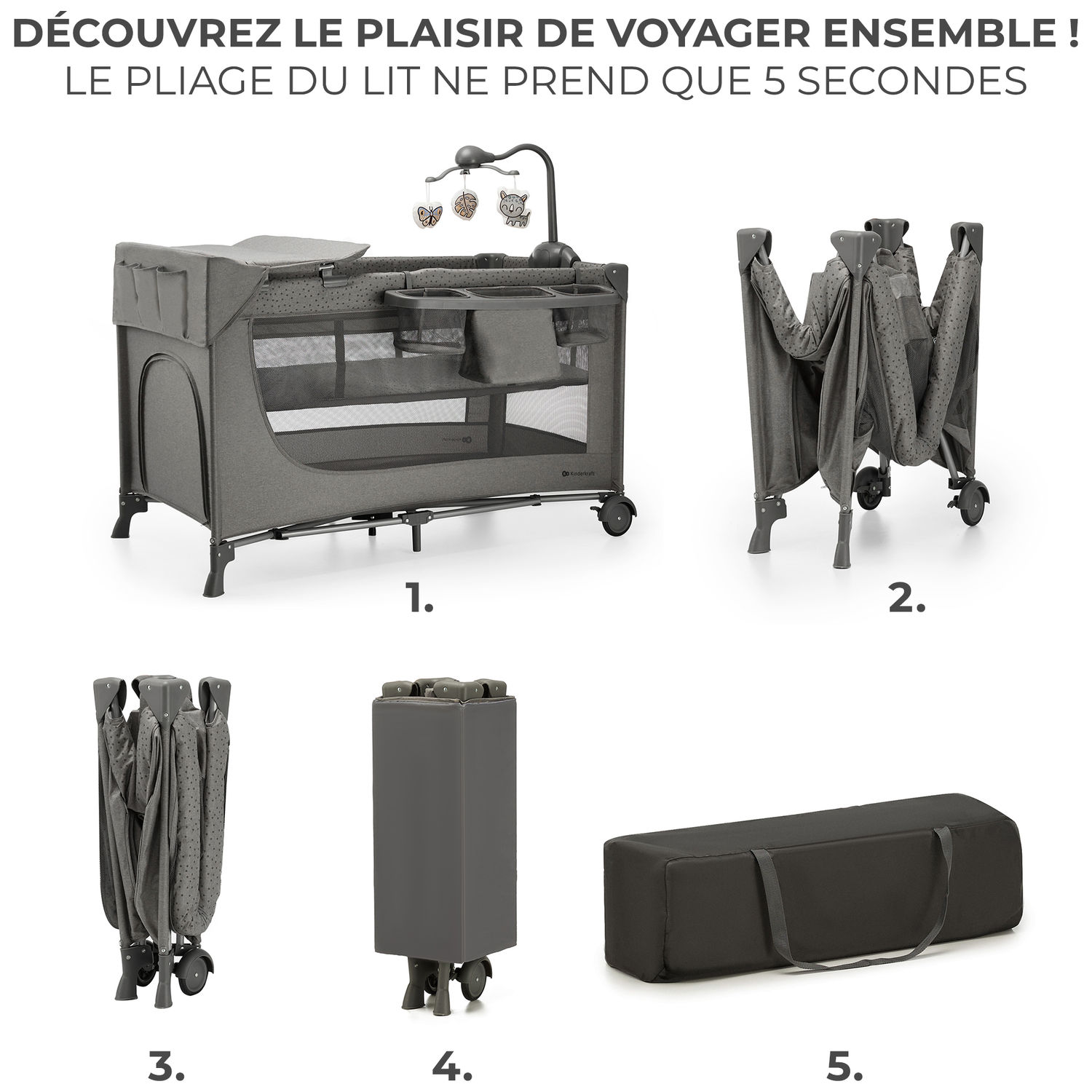 Lit parapluie 3 en 1 Joy 2 avec accessoires Dark Grey (Kinderkraft) - Image 3