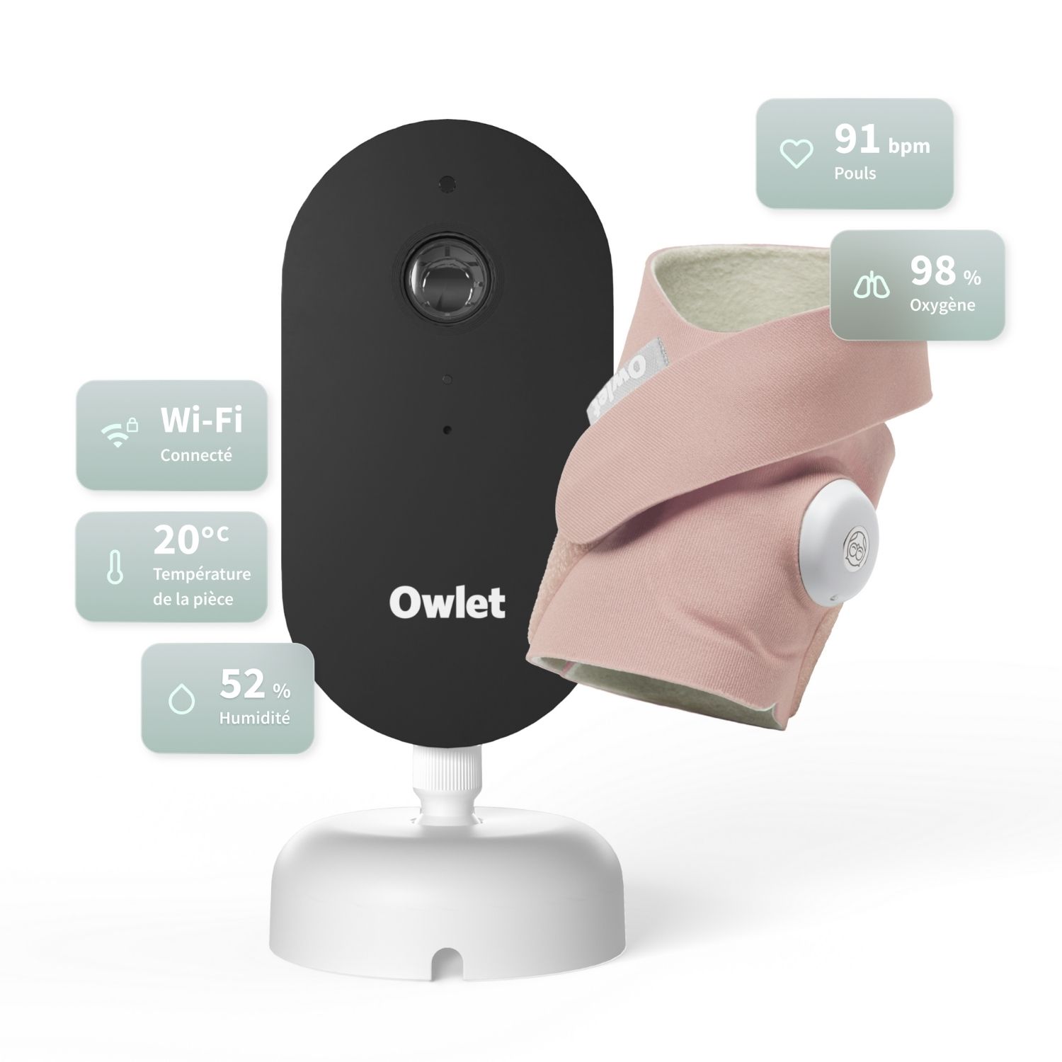 Owlet - Pack chaussette connectée Dream Sock Dusty Rose + Dream Sight Cam (0-18 mois)