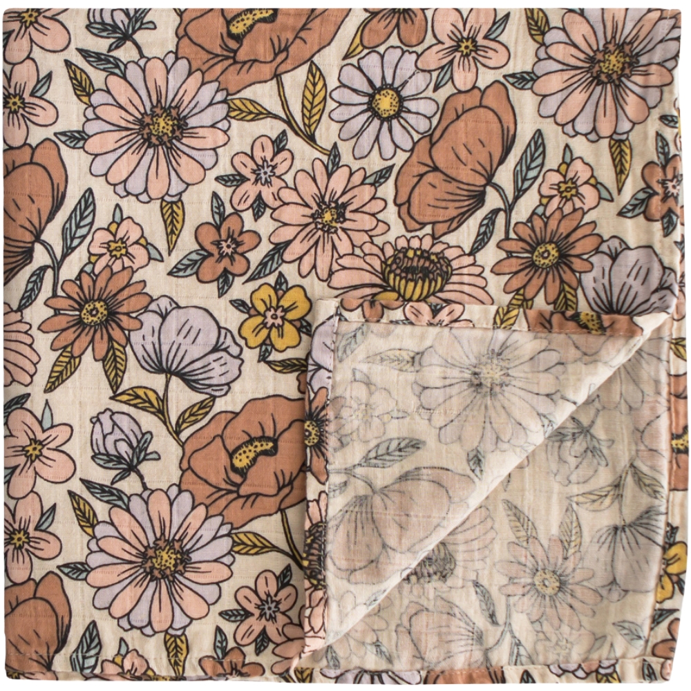 Mushie - Maxi lange en coton Retro Flowers (120 x 120 cm)