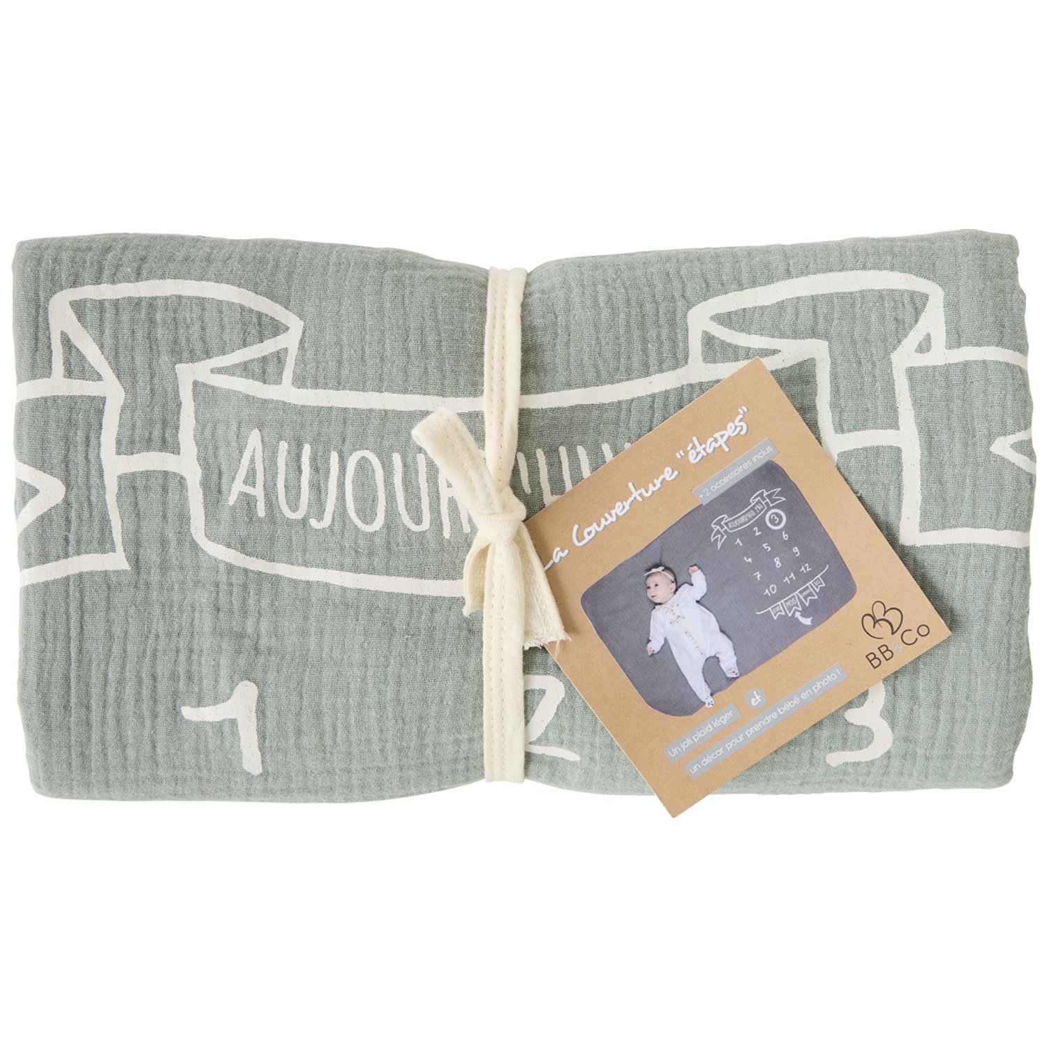 Couverture décor pour photos avec 2 accessoires rayé vert de gris (Bb&Co) - Image 1