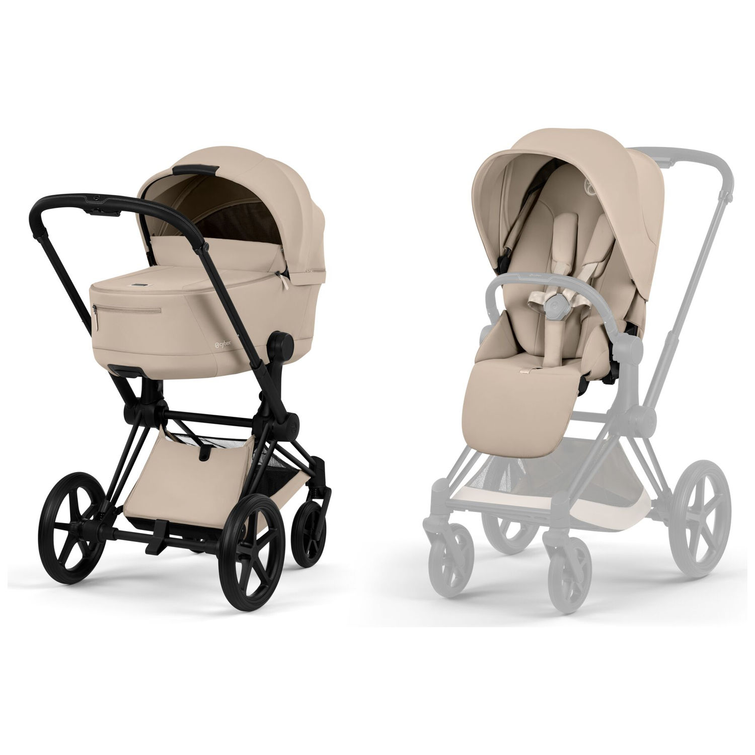 Duo PRIAM 2026 Poussette tout-terrain avec nacelle pliable et Châssis Matt Black Cozy Beige