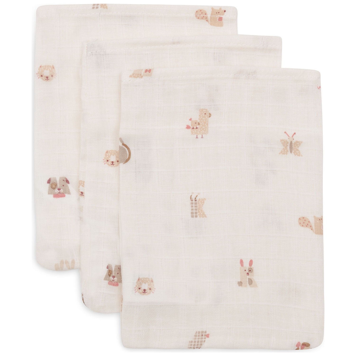 Jollein - Lot de 3 gants de toilette en gaze de coton Animal Friends