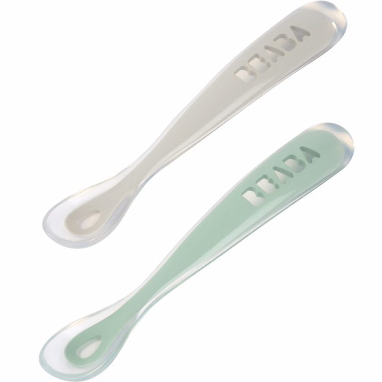 Béaba - Lot de 2 cuillères 1er âge en silicone gris et vert sauge
