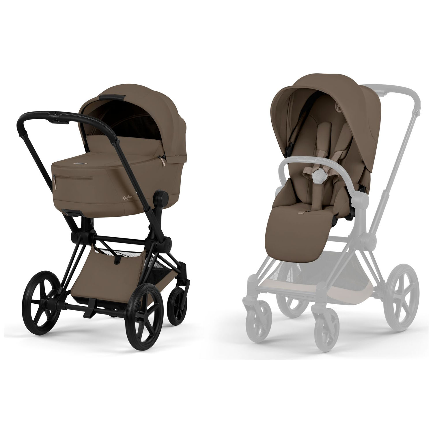 Duo PRIAM 2026 Poussette tout-terrain avec nacelle pliable et Châssis Matt Black Coconut Brown