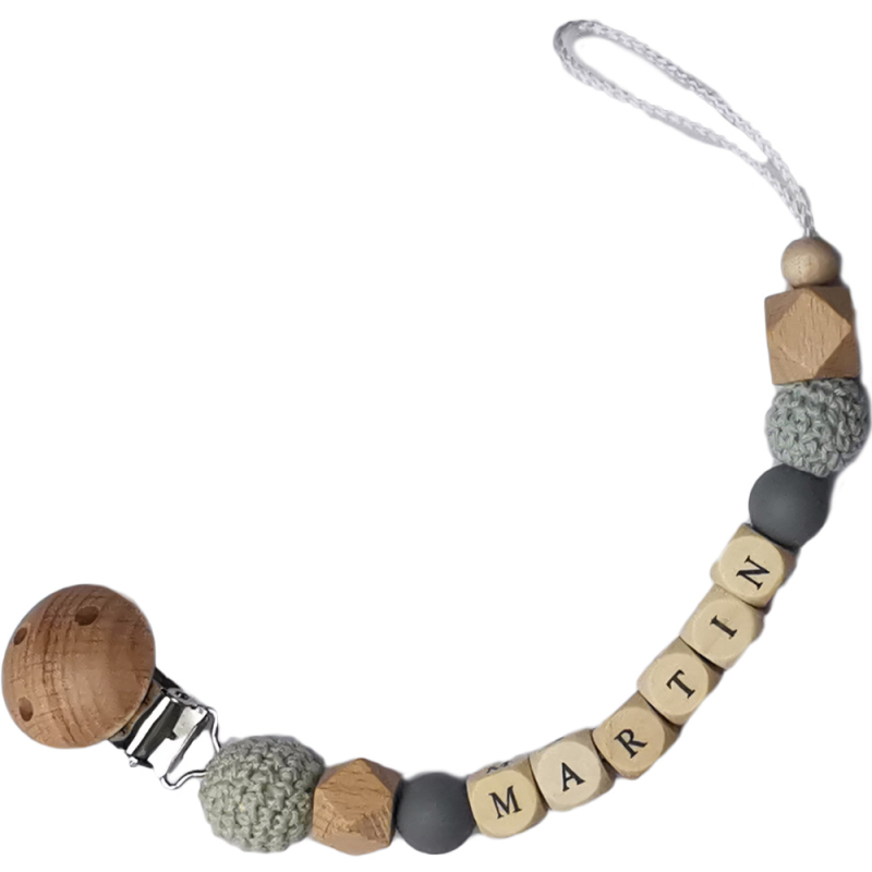 Tata Lucette - Attache sucette en bois ardoise et mint (personnalisable)