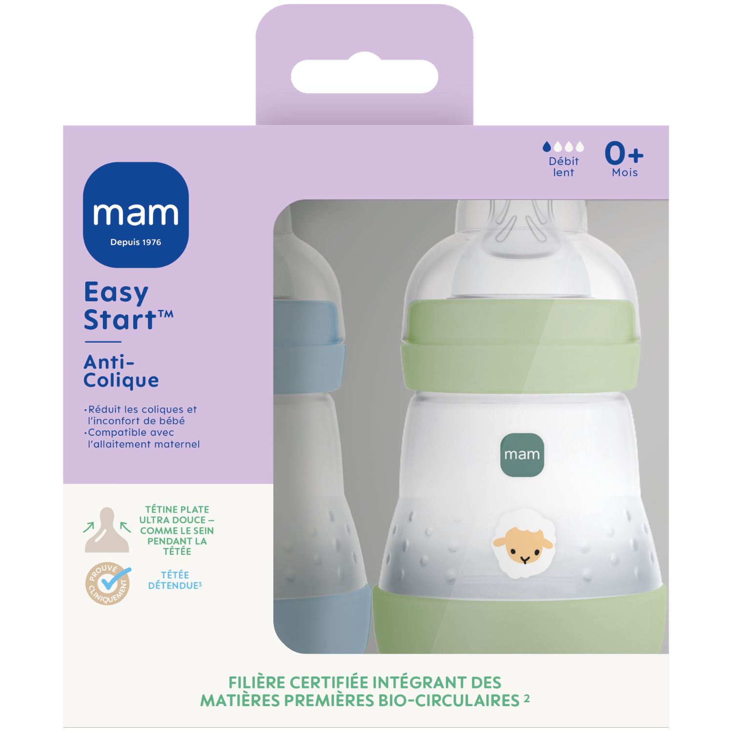 Mam - Lot de 2 biberons Easy Start anti-colique Océan+Nature Tétine Débit 1 (160 ml)
