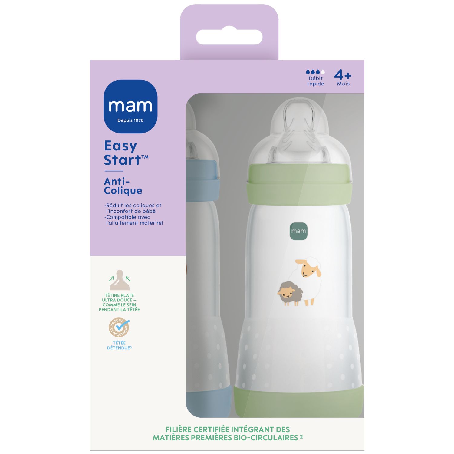 Mam - Lot de 2 biberons Easy Start anti-colique Océan+Nature Tétine Débit 3 (320 ml)